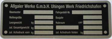 Typenschild für Allgaier Werke GmbH Uhingen Werk Friedrichshafen