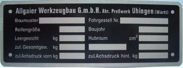 Typenschild für Allgaier Werkzeugbau GmbH Abt. Preßwerk Uhingen