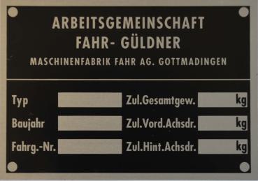 Typenschild für Arbeitsgemeinschaft Fahr-Güldner